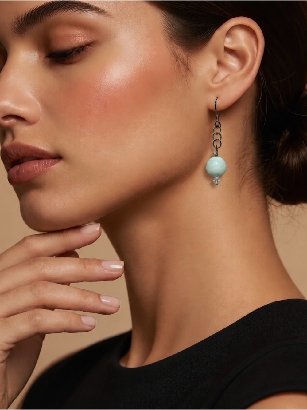 Pale Aqua Amazonite Stone Dangle Earrings Crystal Accent Silver Tone Boho